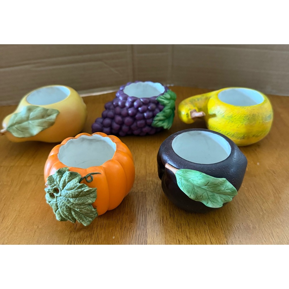 PartyLite Ceramic Fruit Vegetable Tea Light Candle Holder Set of 5 Grapes Plum